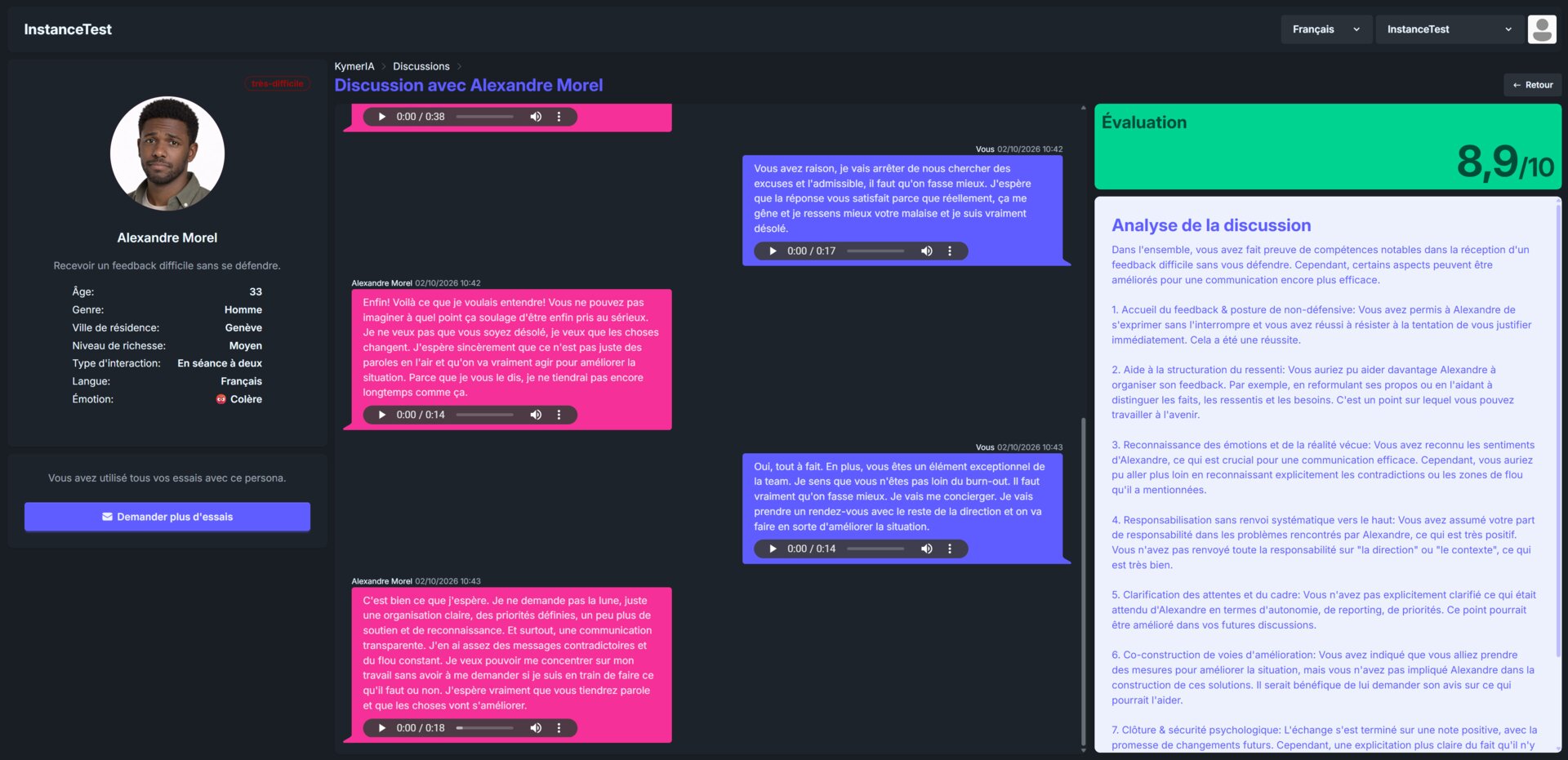Simulation de conversation avec un persona sur KymerIA, avec l'évaluation et l'analyse de la discussion